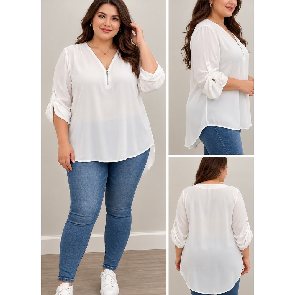 White Chiffon Roll Tab Sleeve Half Zip High Low Blouse Top Plus Size